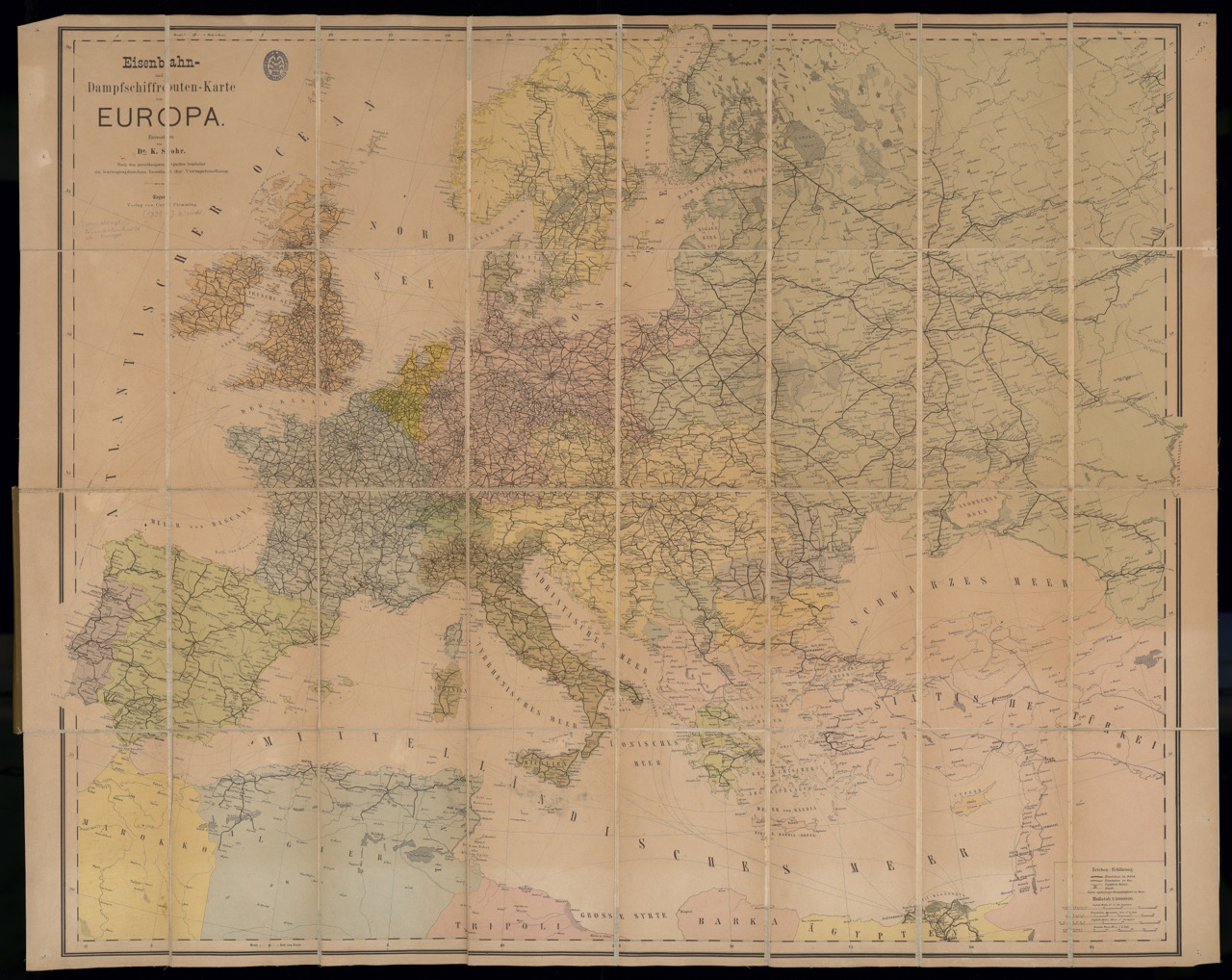 Sohr: Eisenbahn- und Dampfschiffrouten-Karte 1891, "Europa"
